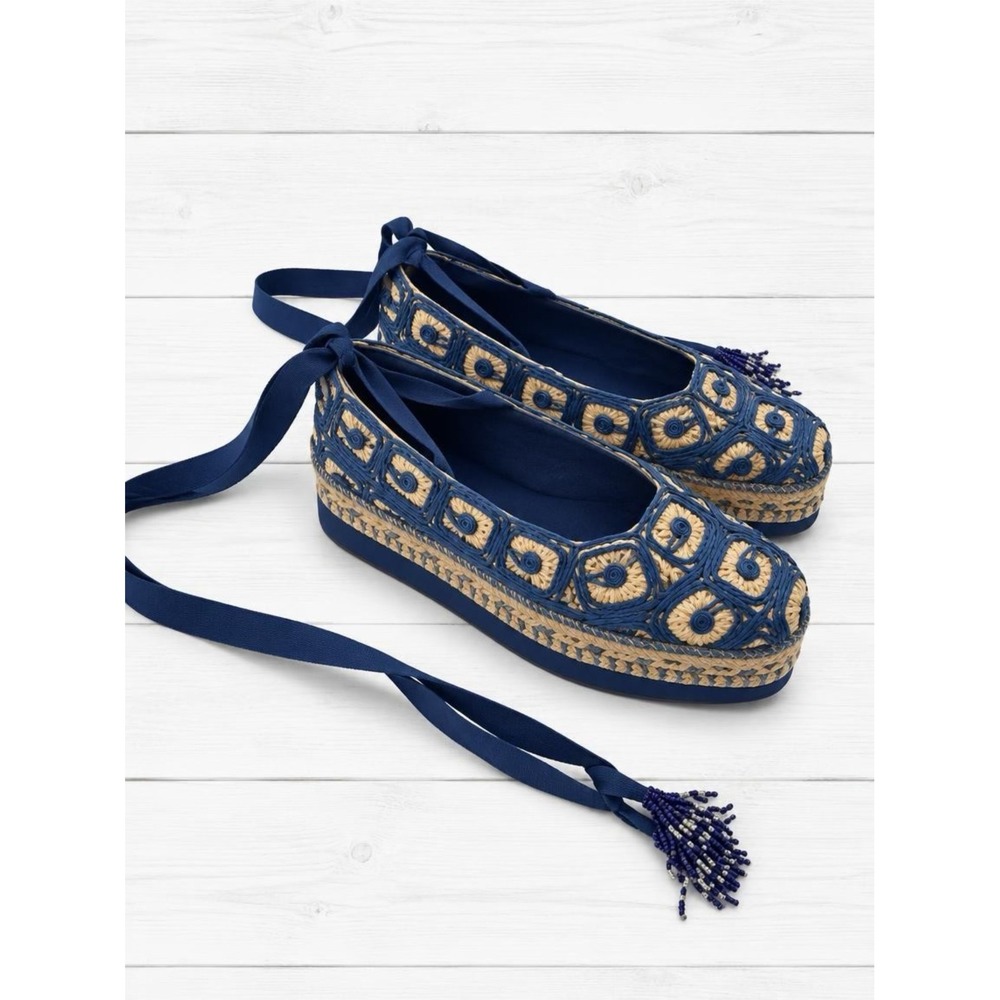Farm Rio Ballerina Flatform Espadrille Klein Blue Raffia Ankle Tie Shoes Size 8